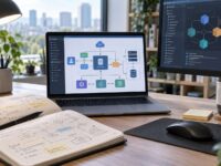 Espacio de desarrollo con un diagrama de arquitectura y notas técnicas