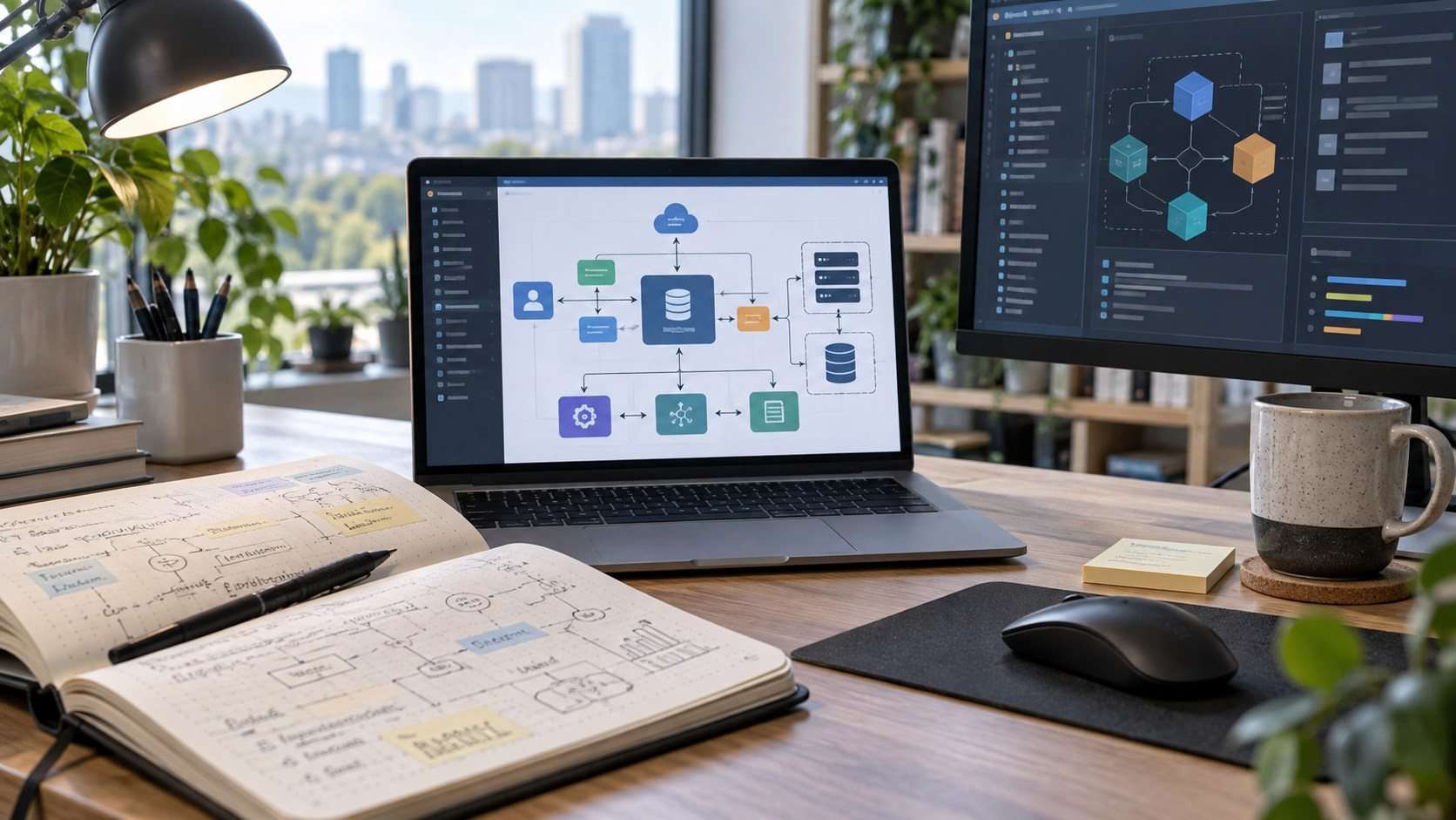 Espacio de desarrollo con un diagrama de arquitectura y notas técnicas