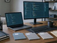 Escritorio de desarrollo web con dos pantallas y carpetas organizadas por proyecto.