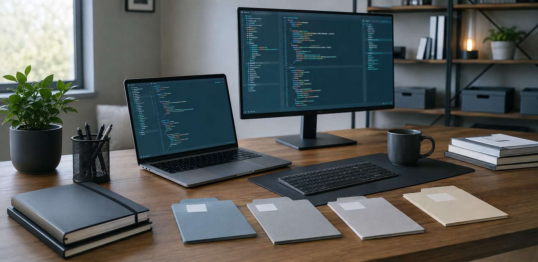 Escritorio de desarrollo web con dos pantallas y carpetas organizadas por proyecto.