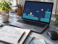 Pantalla de portátil con un pequeño juego de formas geométricas y un cuaderno de diseño abierto.