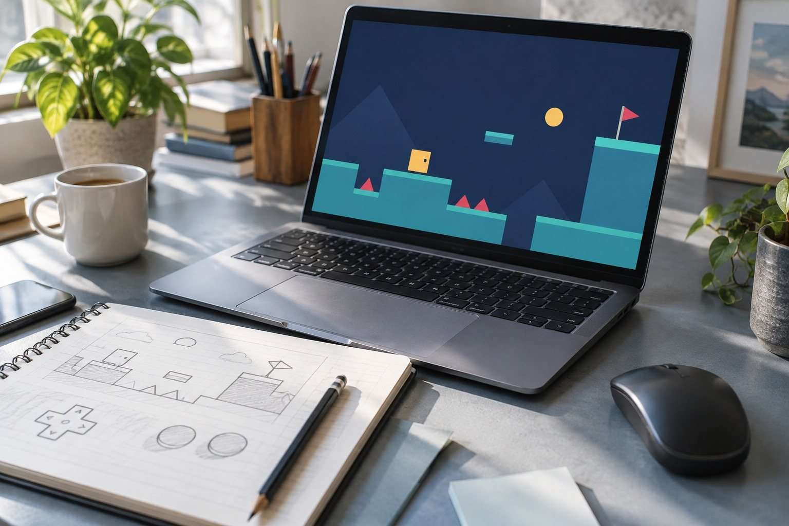 Pantalla de portátil con un pequeño juego de formas geométricas y un cuaderno de diseño abierto.